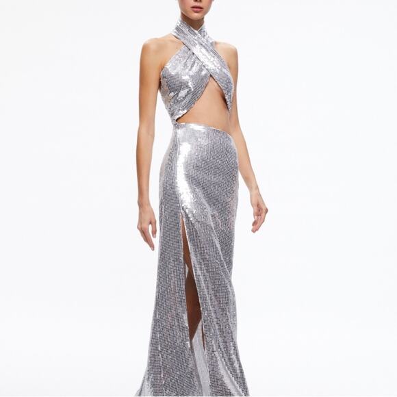 Alice + Olivia May Halter Neck Sequin Maxi Gown Dress Silver Women’s Sz 0 - Picture 3 of 8